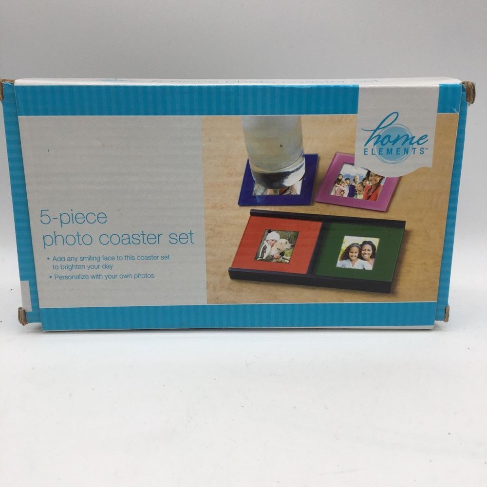 Photo Coasters Set of 4 Glass with tray Colorful 7 1/4" x 4" Home Elements NEW